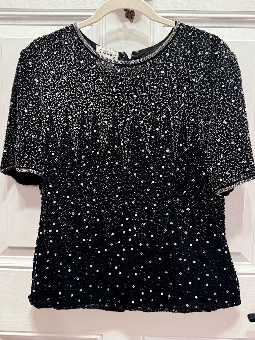 Stenay Black Sequin & Bead Short-Sleeve Evening Top / Size L